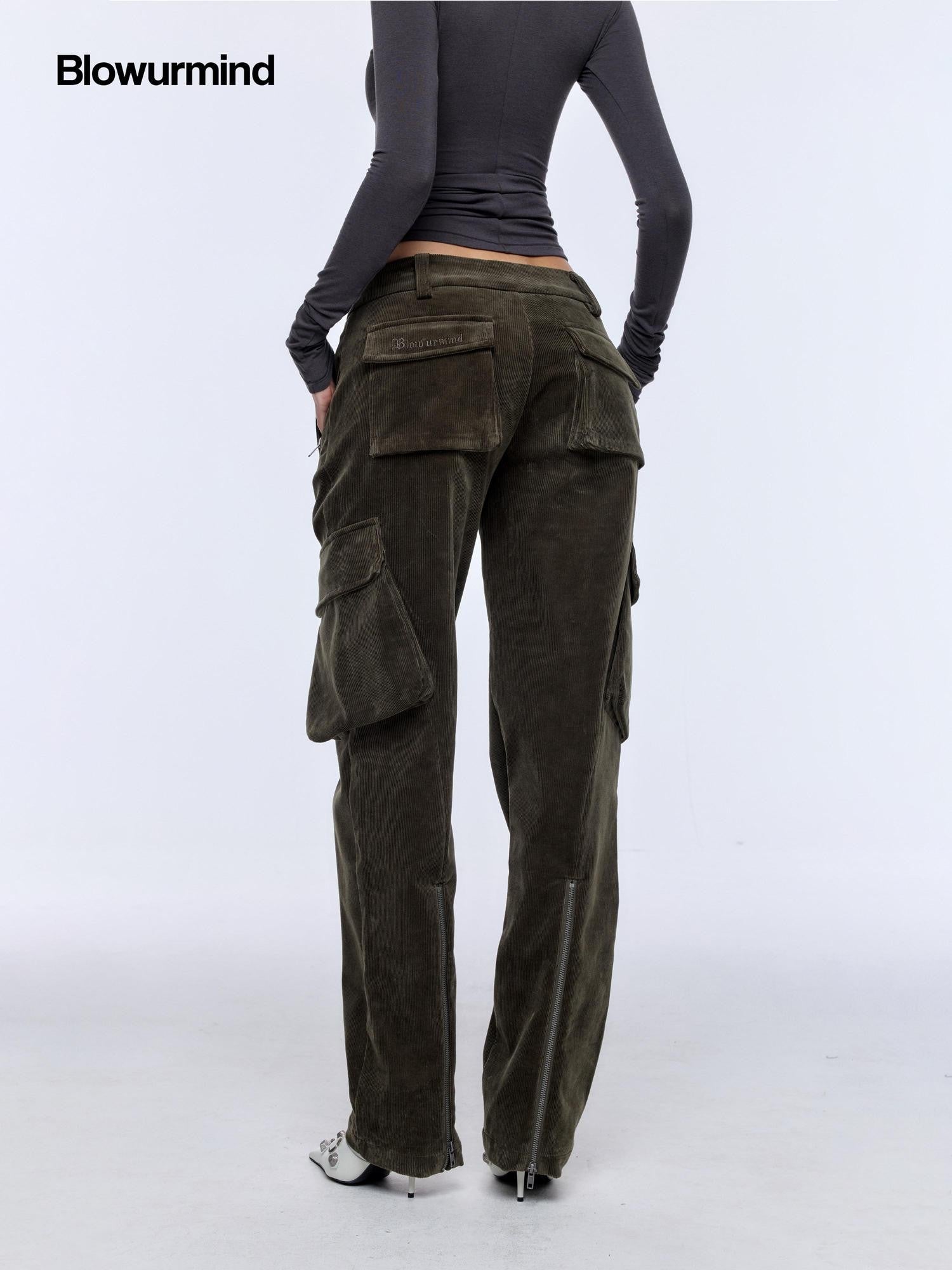 BUM STUDIO Brown Green Corduroy Embroidered 3d Pocket Straight Women's Cotton Cargo Pants