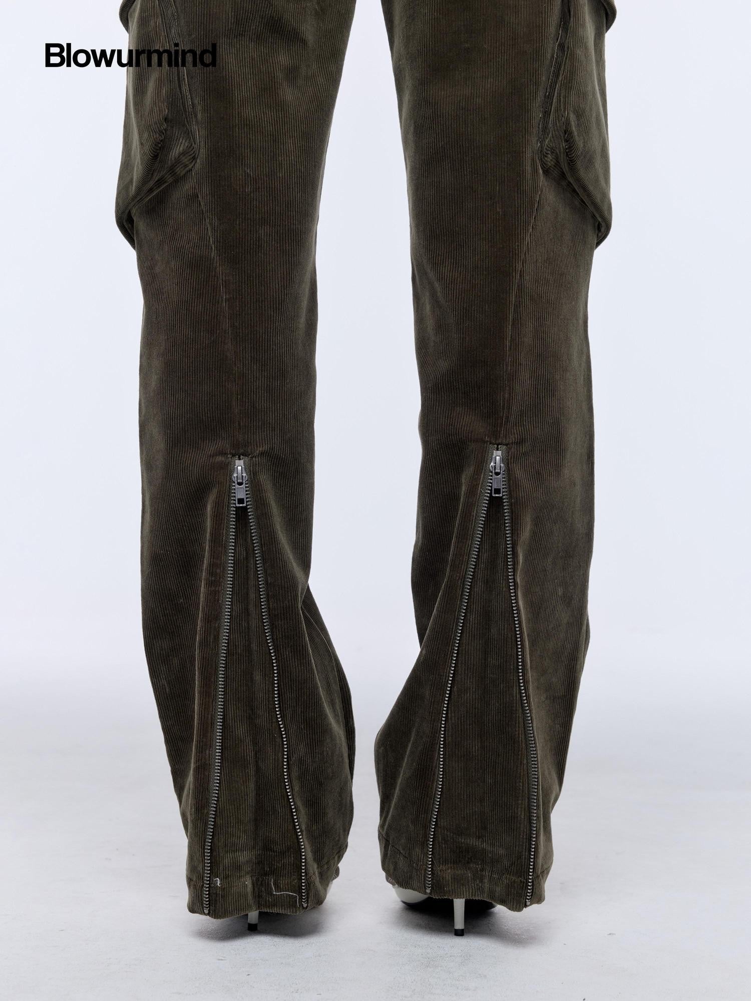 BUM STUDIO Brown Green Corduroy Embroidered 3d Pocket Straight Women's Cotton Cargo Pants