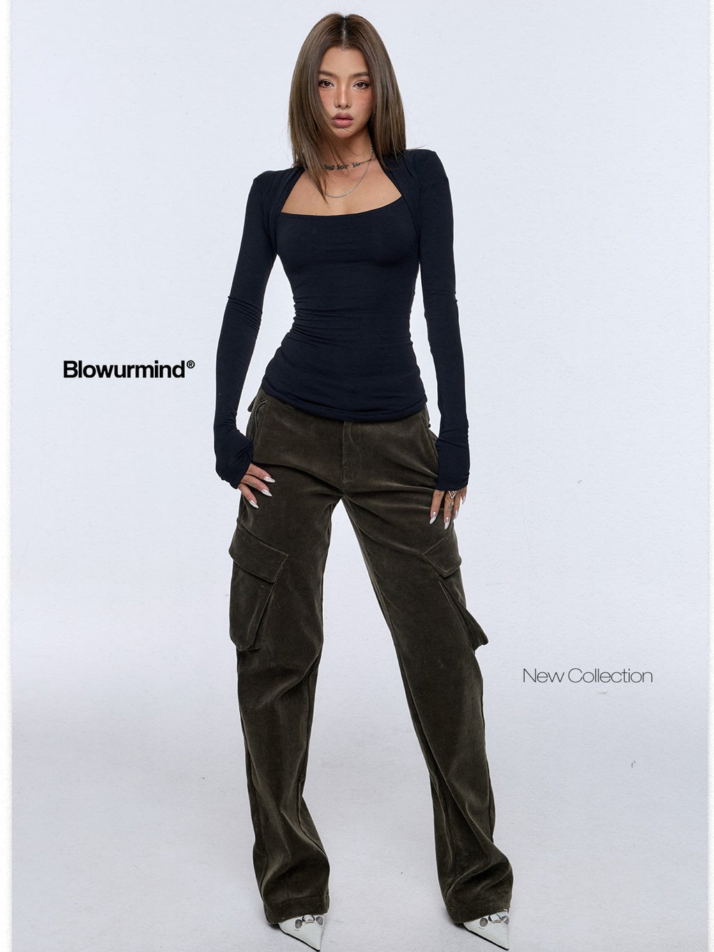BUM STUDIO Brown Green Corduroy Embroidered 3d Pocket Straight Women's Cotton Cargo Pants