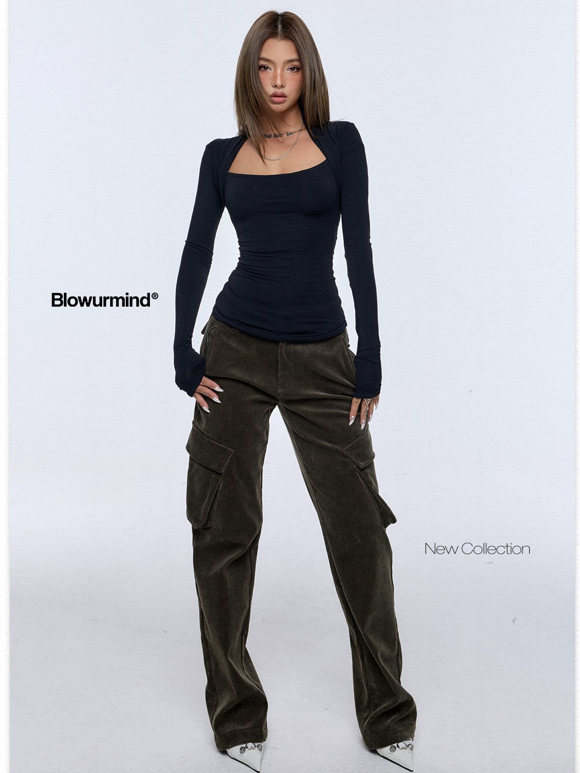 BUM STUDIO Brown Green Corduroy Embroidered 3d Pocket Straight Women's Cotton Cargo Pants