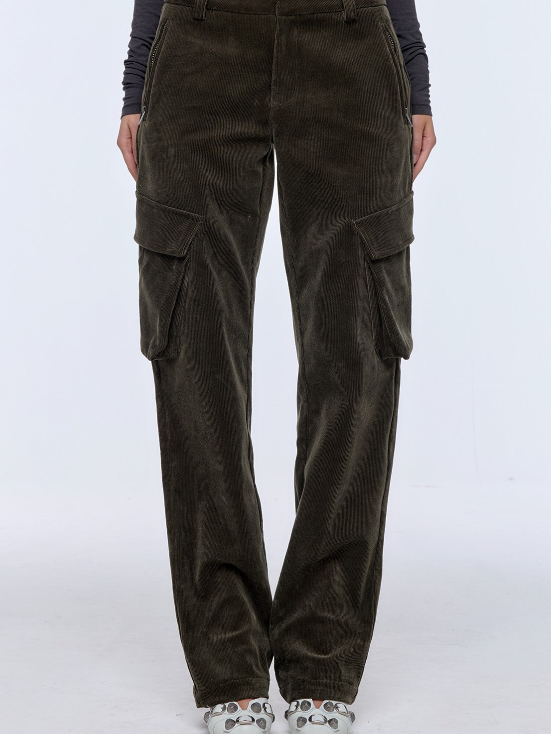 BUM STUDIO Brown Green Corduroy Embroidered 3d Pocket Straight Women's Cotton Cargo Pants