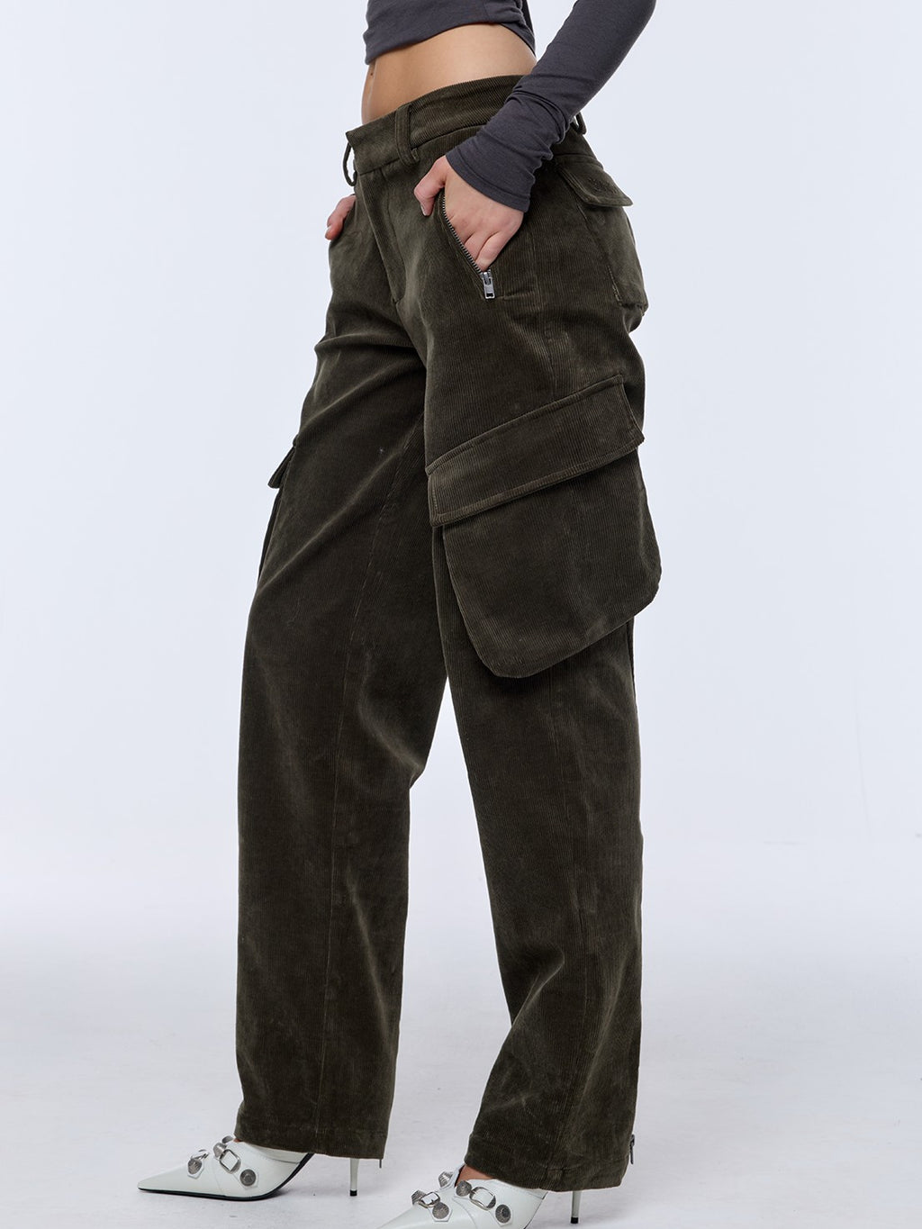 BUM STUDIO Brown Green Corduroy Embroidered 3d Pocket Straight Women's Cotton Cargo Pants