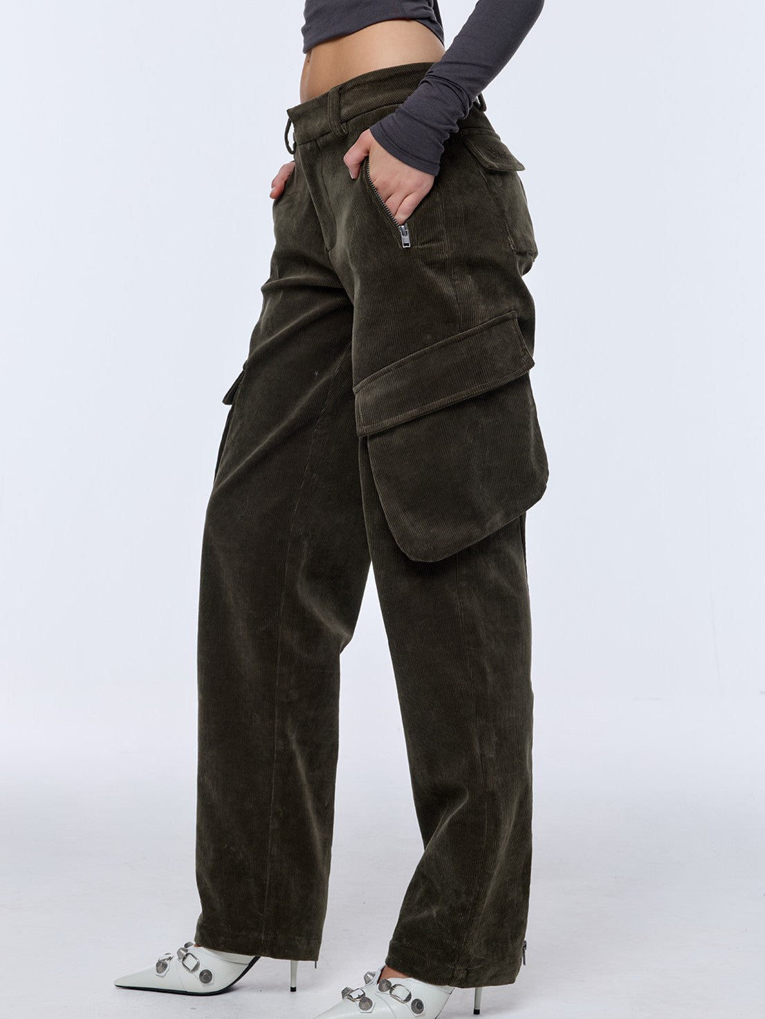 BUM STUDIO Brown Green Corduroy Embroidered 3d Pocket Straight Women's Cotton Cargo Pants