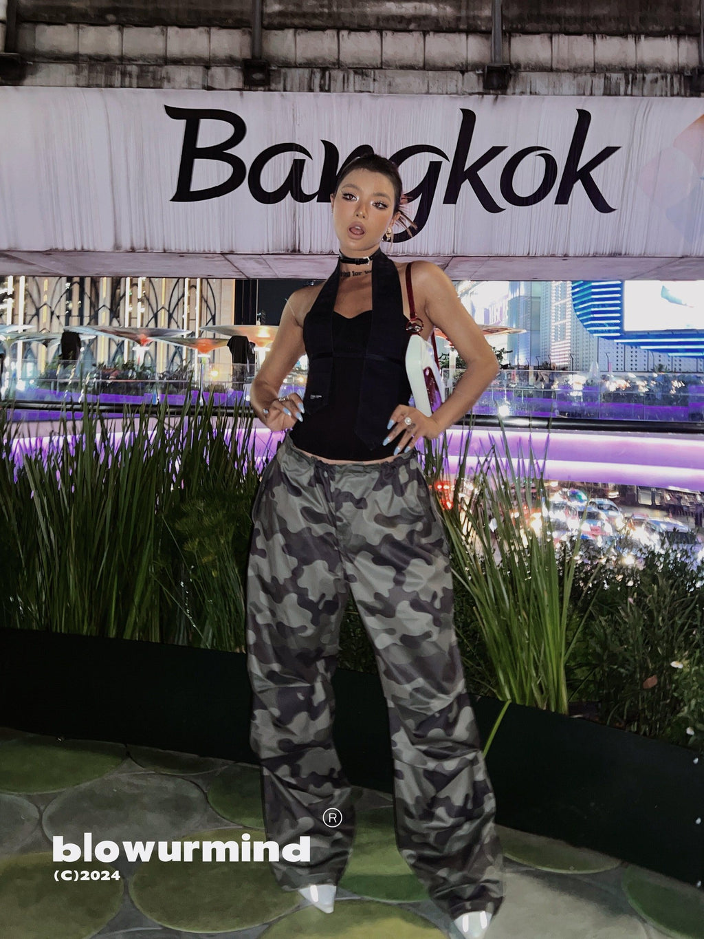 BUM STUDIO Camo Utility Cargo Elastic Waist Women's Polyester Wide-leg Pants