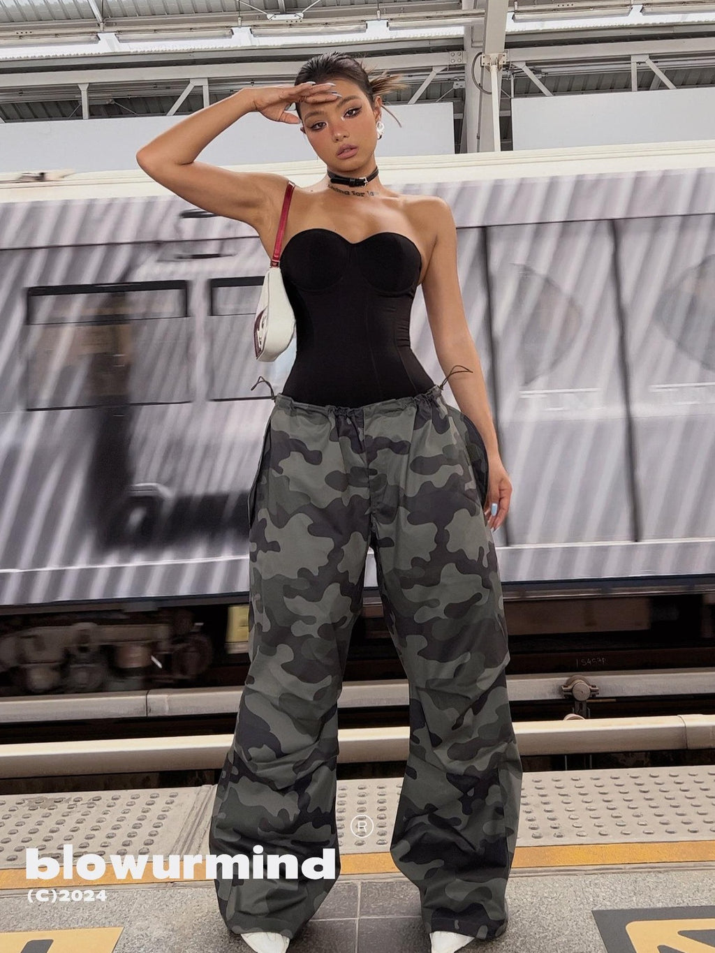 BUM STUDIO Camo Utility Cargo Elastic Waist Women's Polyester Wide-leg Pants