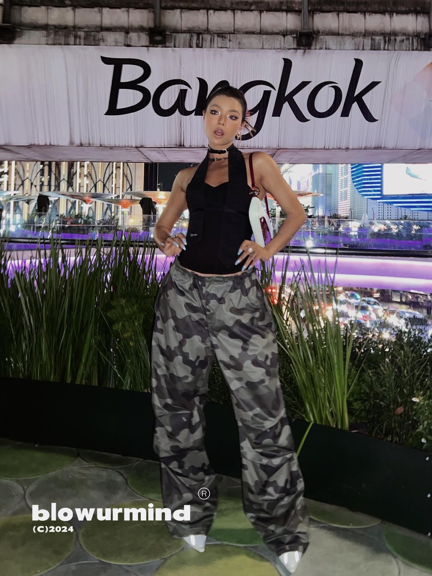 BUM STUDIO Camo Utility Cargo Elastic Waist Women's Polyester Wide-leg Pants
