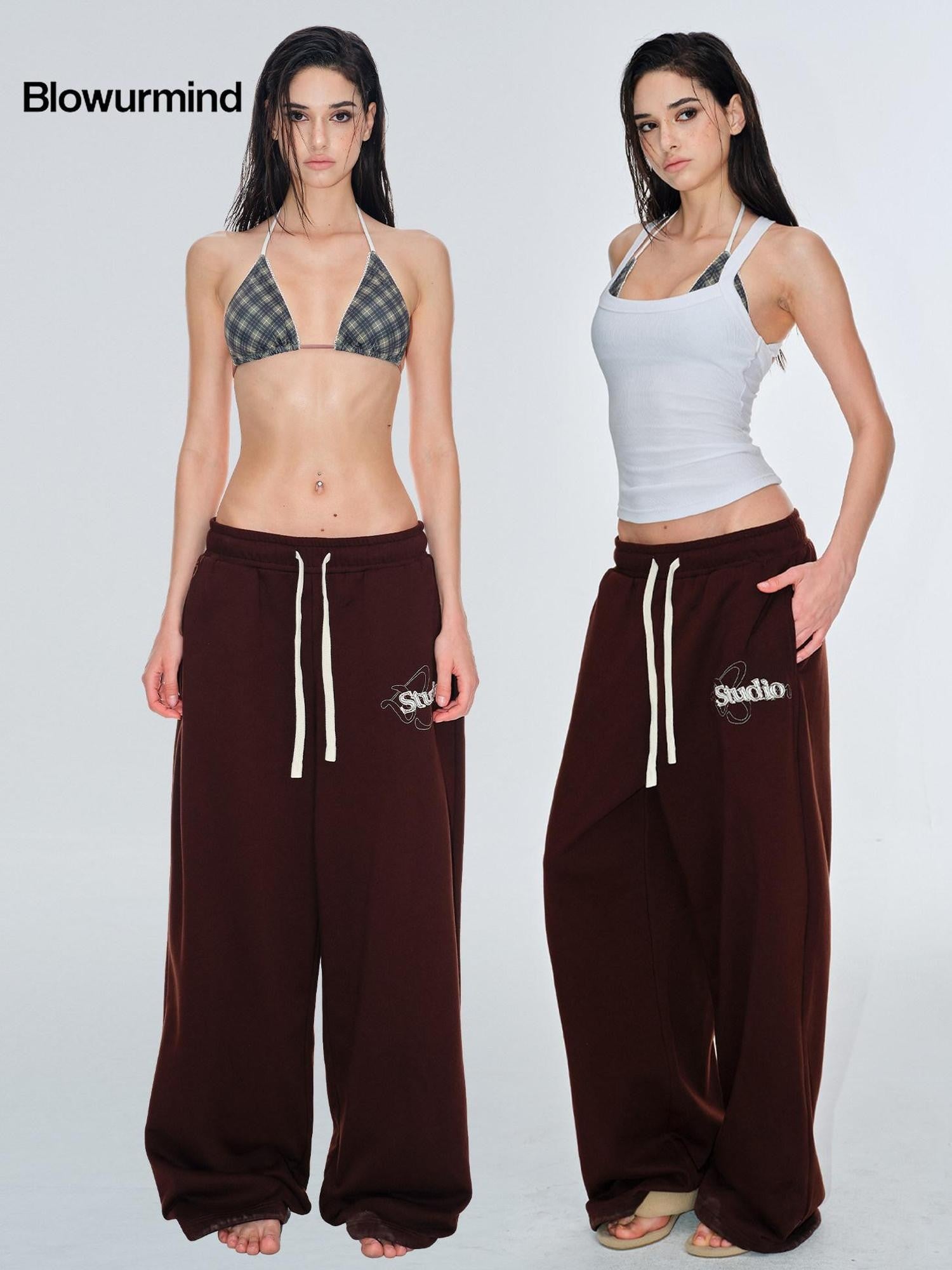 BUM STUDIO Chocolate Brown Vintage Logo Asymmetrical Women's Cotton Blend Sweatpants
