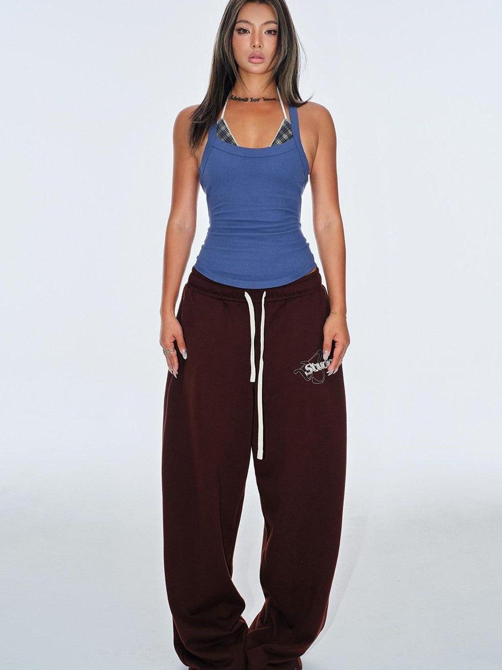 BUM STUDIO Chocolate Brown Vintage Logo Asymmetrical Women's Cotton Blend Sweatpants