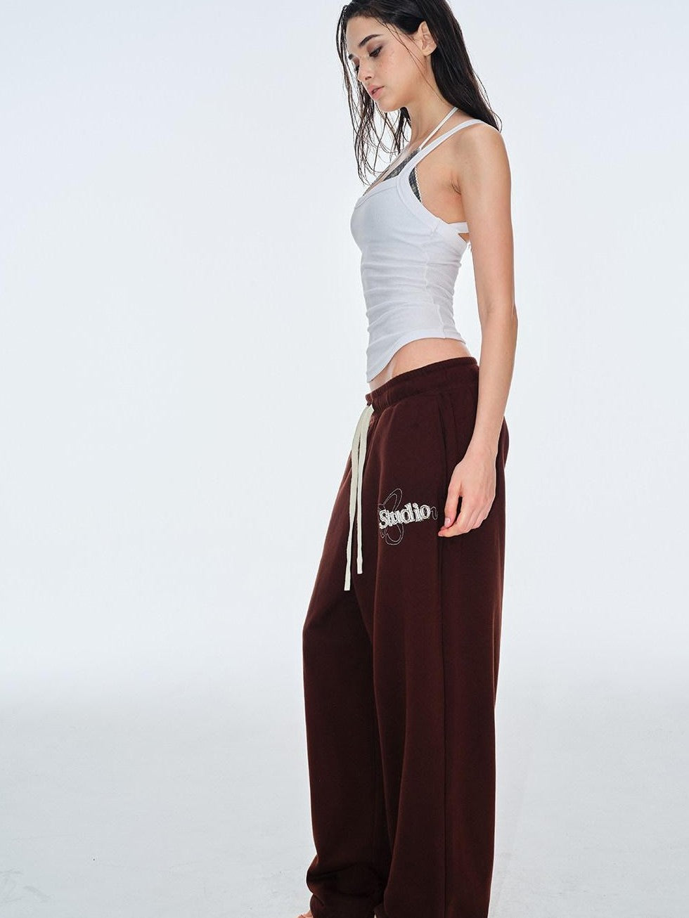 BUM STUDIO Chocolate Brown Vintage Logo Asymmetrical Women's Cotton Blend Sweatpants