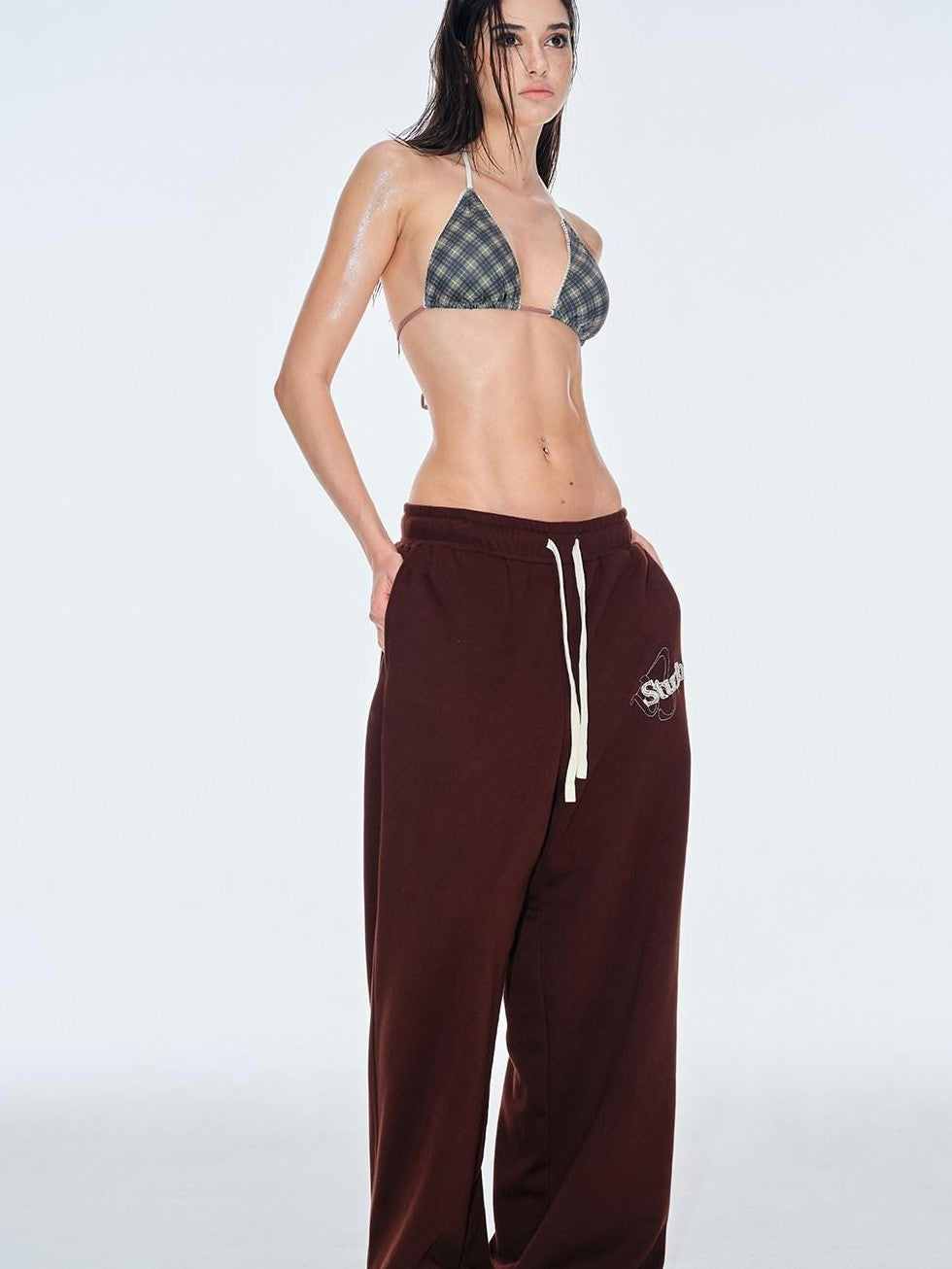 BUM STUDIO Chocolate Brown Vintage Logo Asymmetrical Women's Cotton Blend Sweatpants