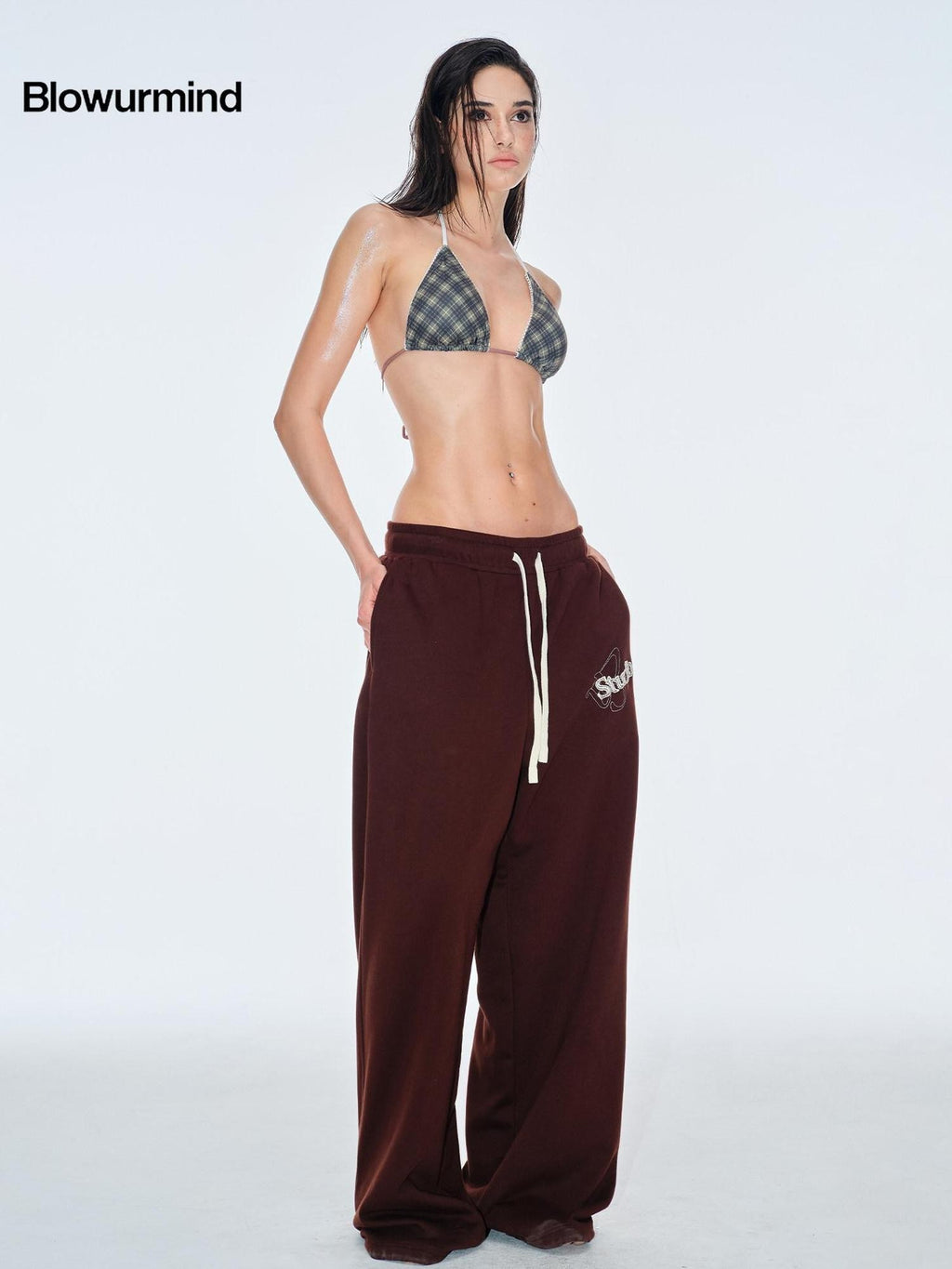 BUM STUDIO Chocolate Brown Vintage Logo Asymmetrical Women's Cotton Blend Sweatpants