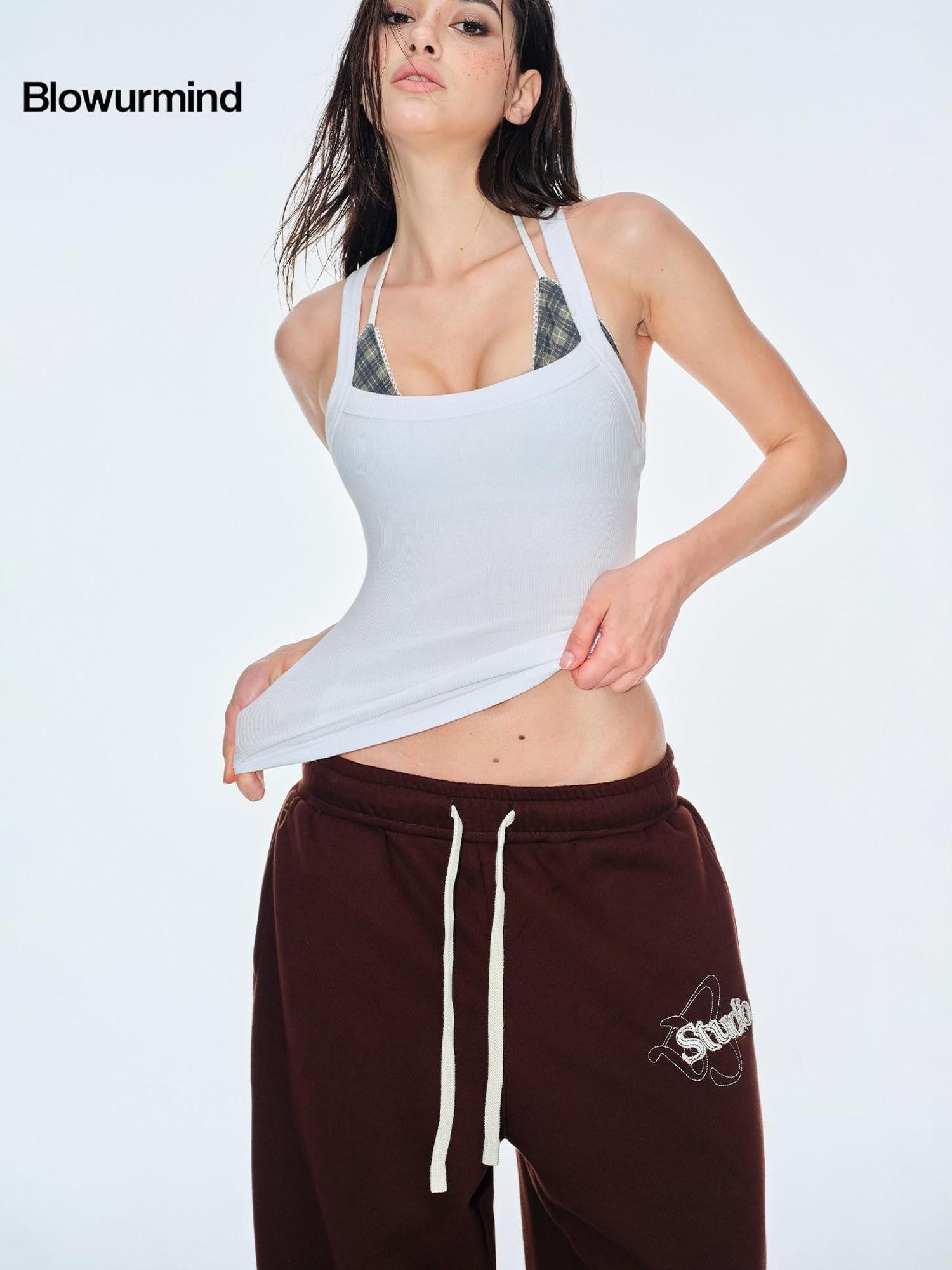 BUM STUDIO Chocolate Brown Vintage Logo Asymmetrical Women's Cotton Blend Sweatpants