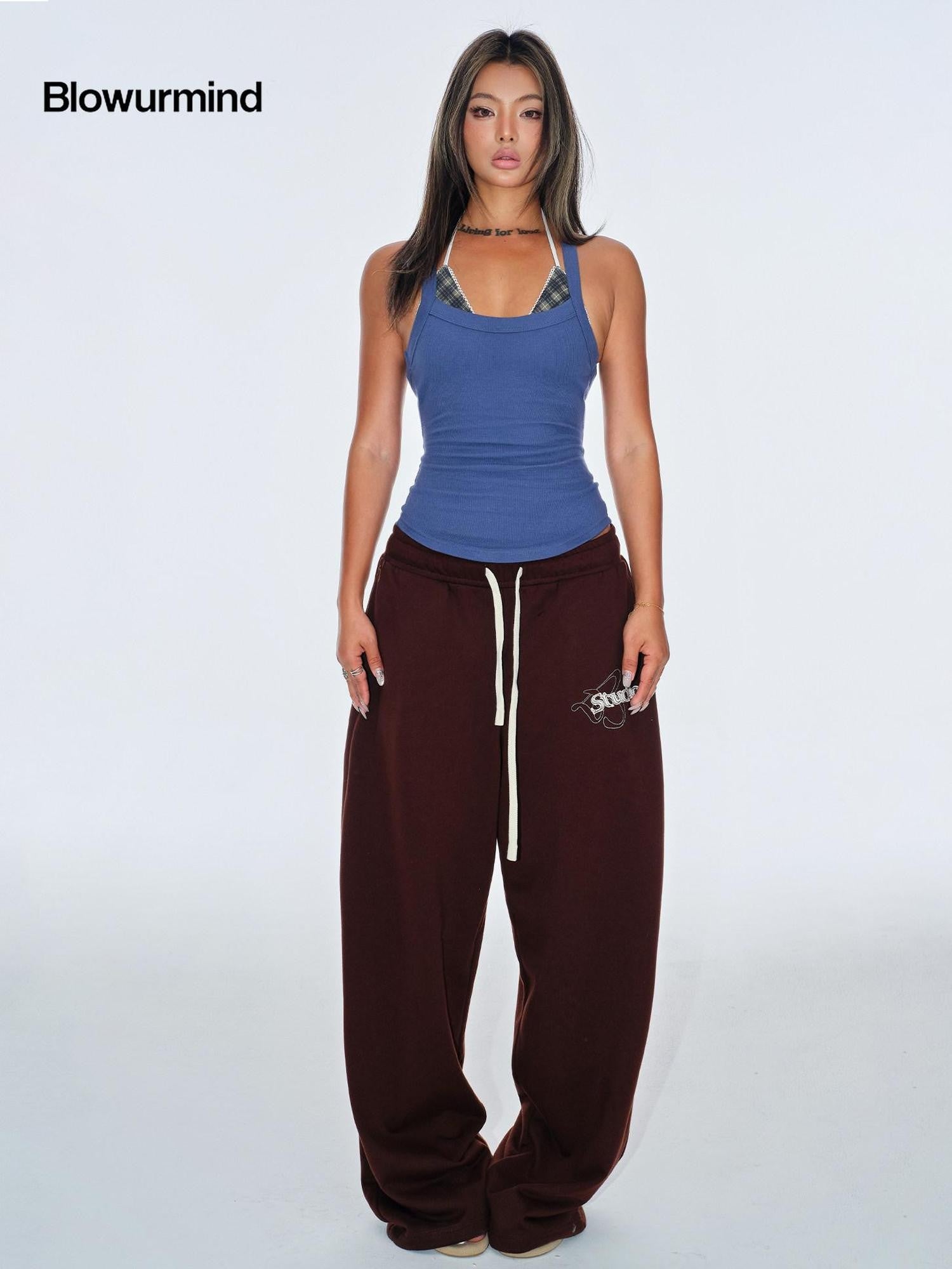BUM STUDIO Chocolate Brown Vintage Logo Asymmetrical Women's Cotton Blend Sweatpants
