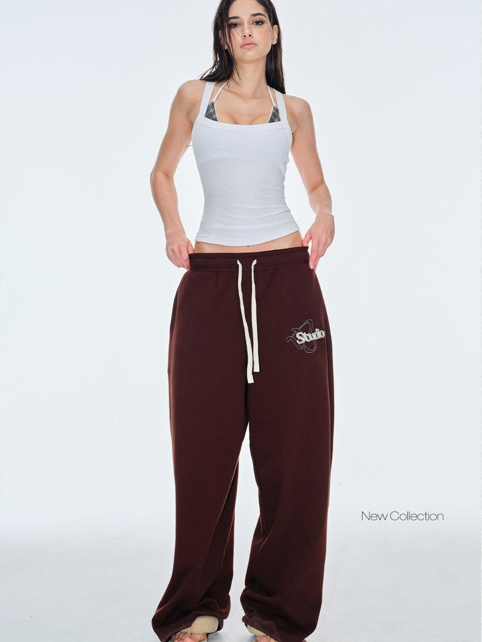 BUM STUDIO Chocolate Brown Vintage Logo Asymmetrical Women's Cotton Blend Sweatpants