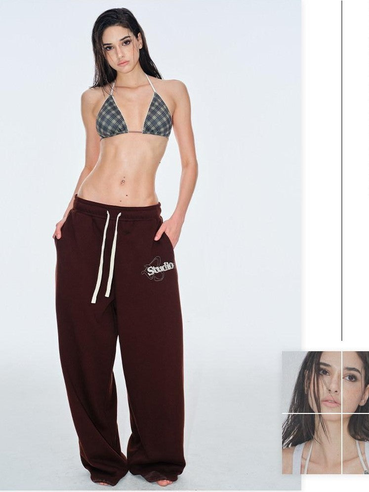 BUM STUDIO Chocolate Brown Vintage Logo Asymmetrical Women's Cotton Blend Sweatpants