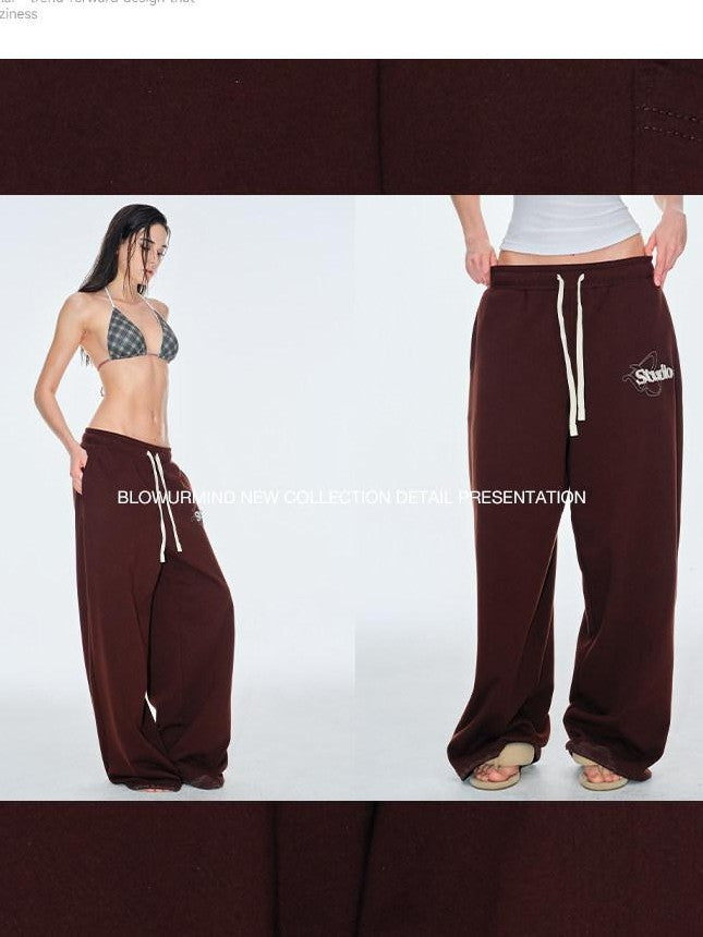 BUM STUDIO Chocolate Brown Vintage Logo Asymmetrical Women's Cotton Blend Sweatpants