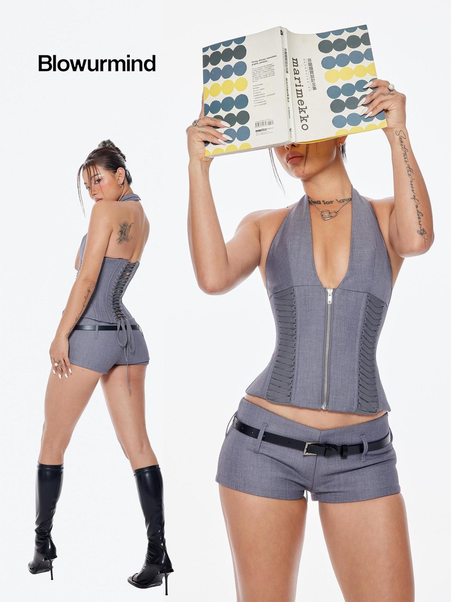 BUM STUDIO Contoured Multi Layer Molded Boned Zipper Women's Polyester Halter Tops