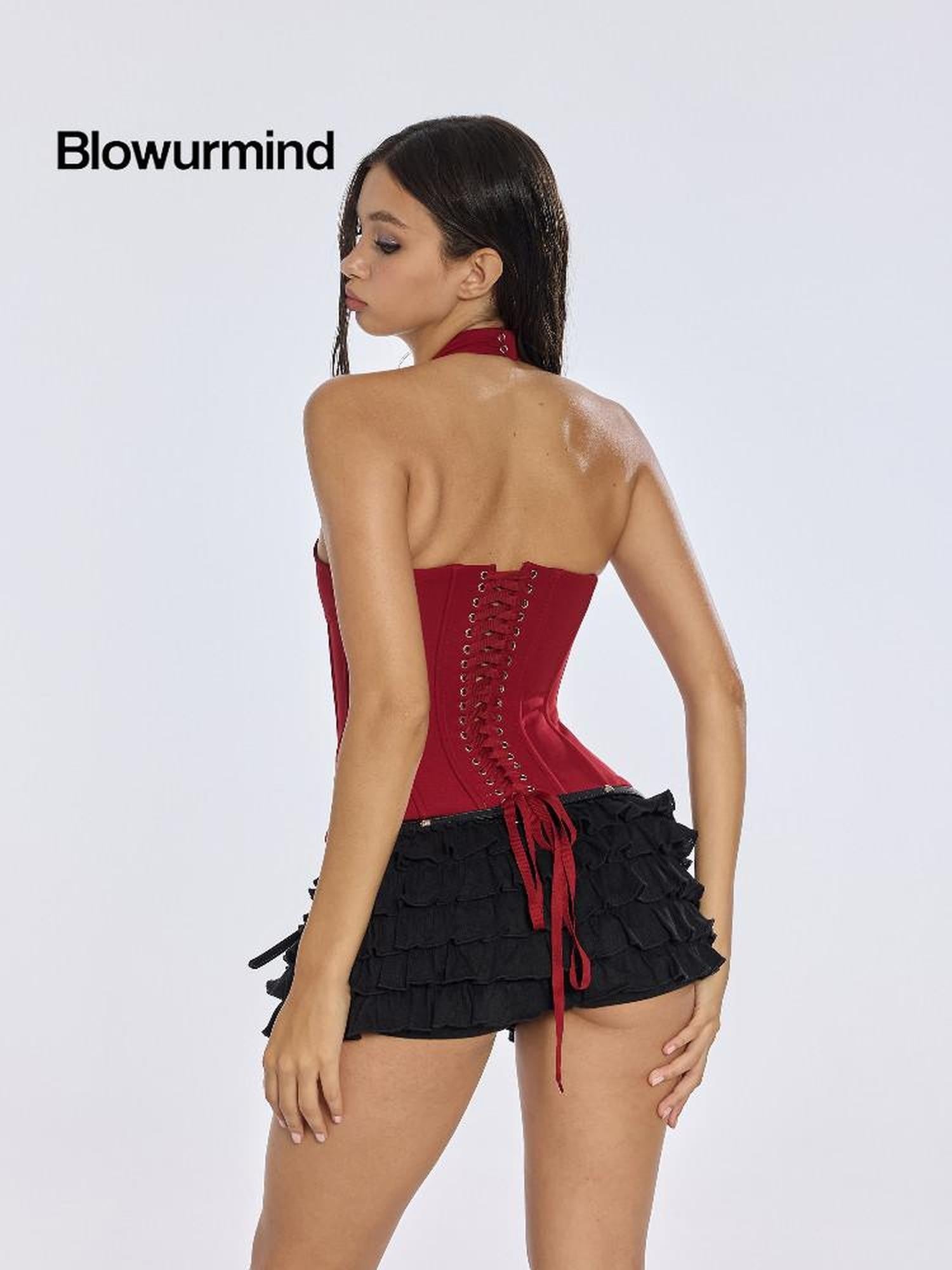 BUM STUDIO Contoured Multi Layer Molded Boned Zipper Women's Polyester Halter Tops