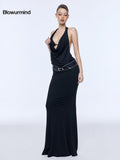 BUM STUDIO Cowl Neck Layered Back Fishtail Women's Nylon Spandex Halter Maxi Dresses
