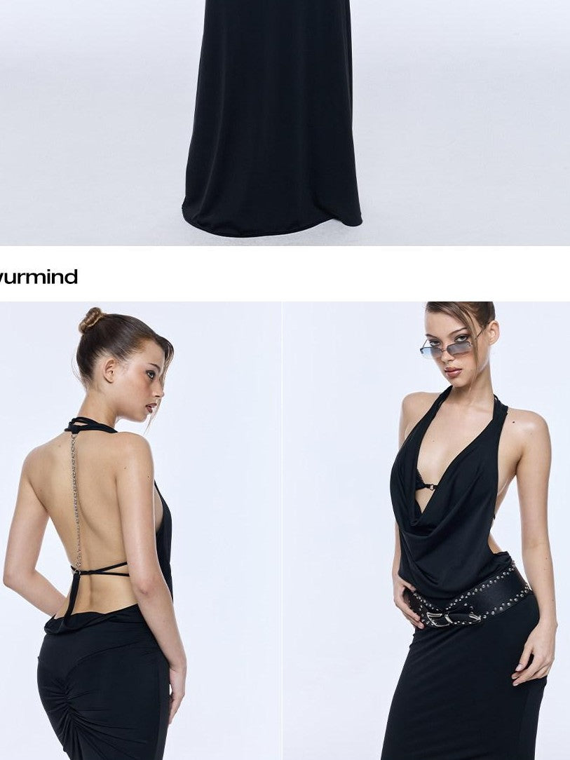 BUM STUDIO Cowl Neck Layered Back Fishtail Women's Nylon Spandex Halter Maxi Dresses