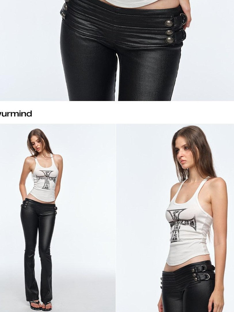 BUM STUDIO Cream Cross Print Slim Racerback U Neck Women's Polyester Tank Tops