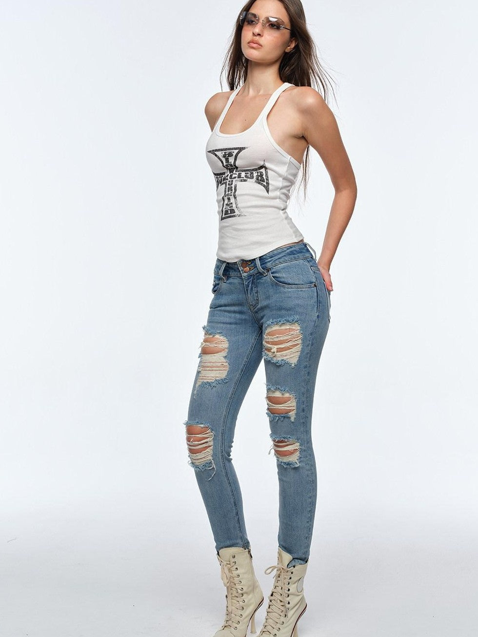 BUM STUDIO Cream Cross Print Slim Racerback U Neck Women's Polyester Tank Tops