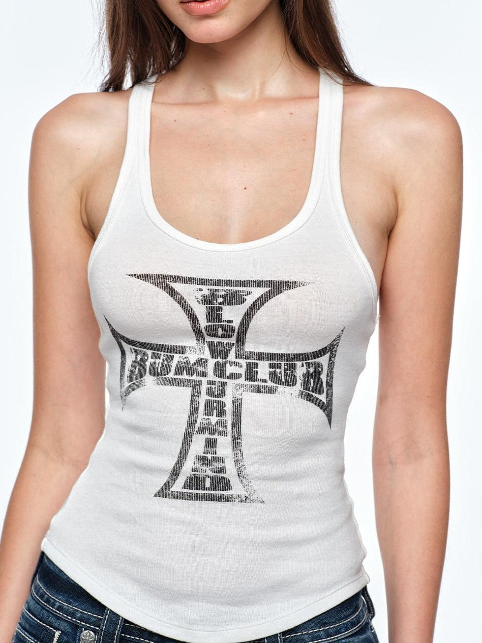 BUM STUDIO Cream Cross Print Slim Racerback U Neck Women's Polyester Tank Tops