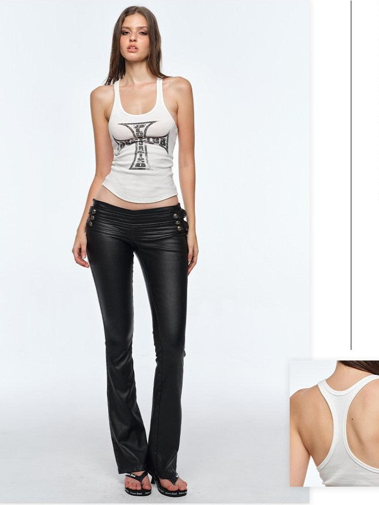 BUM STUDIO Cream Cross Print Slim Racerback U Neck Women's Polyester Tank Tops