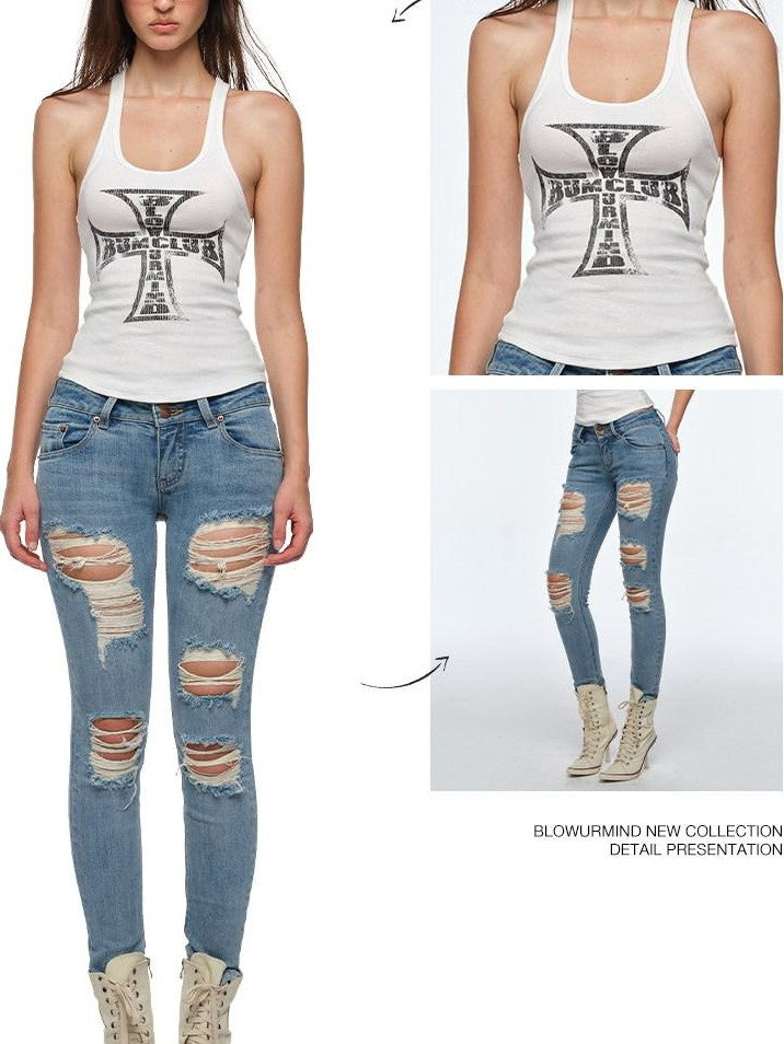 BUM STUDIO Cream Cross Print Slim Racerback U Neck Women's Polyester Tank Tops