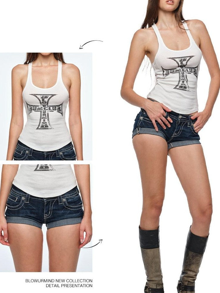 BUM STUDIO Cream Cross Print Slim Racerback U Neck Women's Polyester Tank Tops