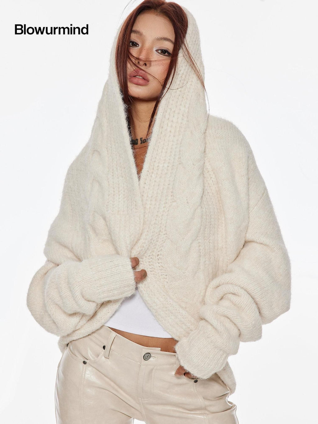 BUM STUDIO Cream Oversized Cable Knit V-neck Pullover Women's Wool Blend Cardigans