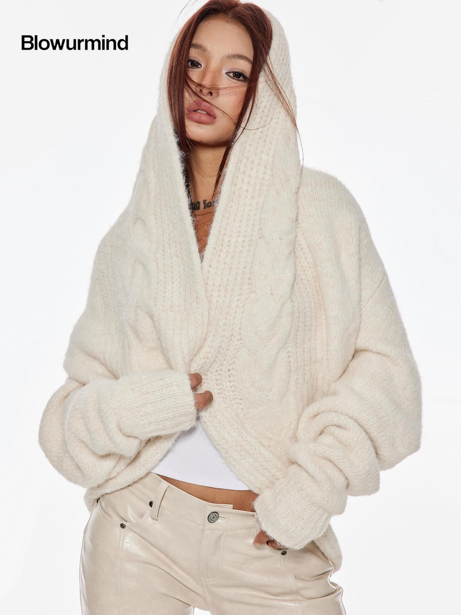 BUM STUDIO Cream Oversized Cable Knit V-neck Pullover Women's Wool Blend Cardigans