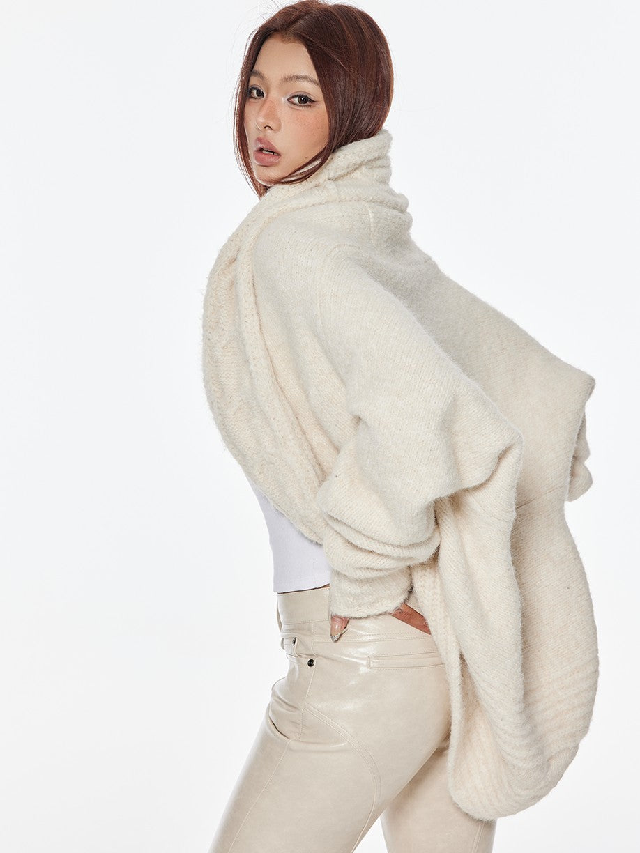 BUM STUDIO Cream Oversized Cable Knit V-neck Pullover Women's Wool Blend Cardigans