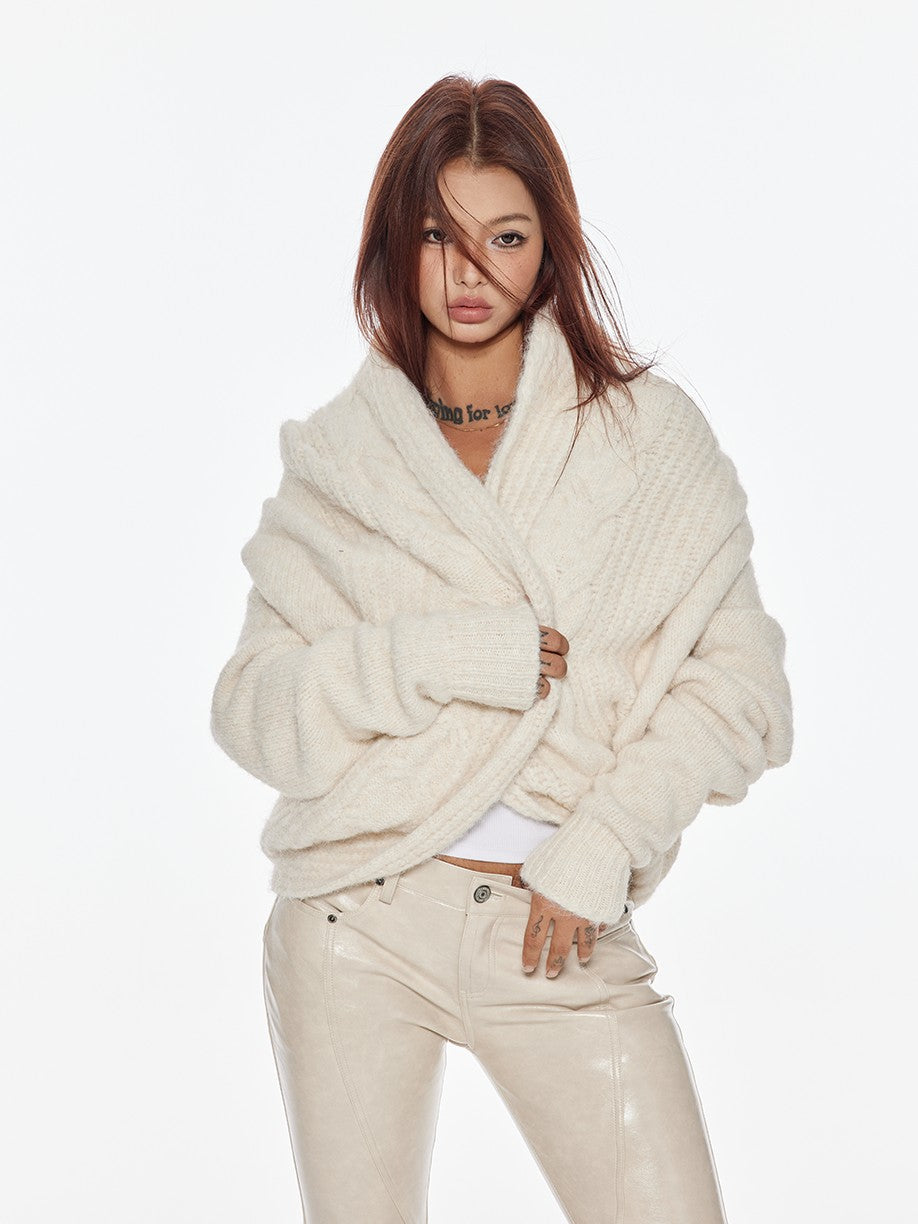 BUM STUDIO Cream Oversized Cable Knit V-neck Pullover Women's Wool Blend Cardigans