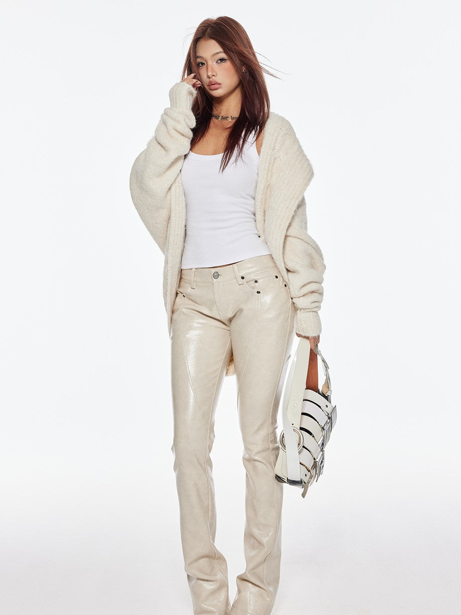 BUM STUDIO Cream Oversized Cable Knit V-neck Pullover Women's Wool Blend Cardigans