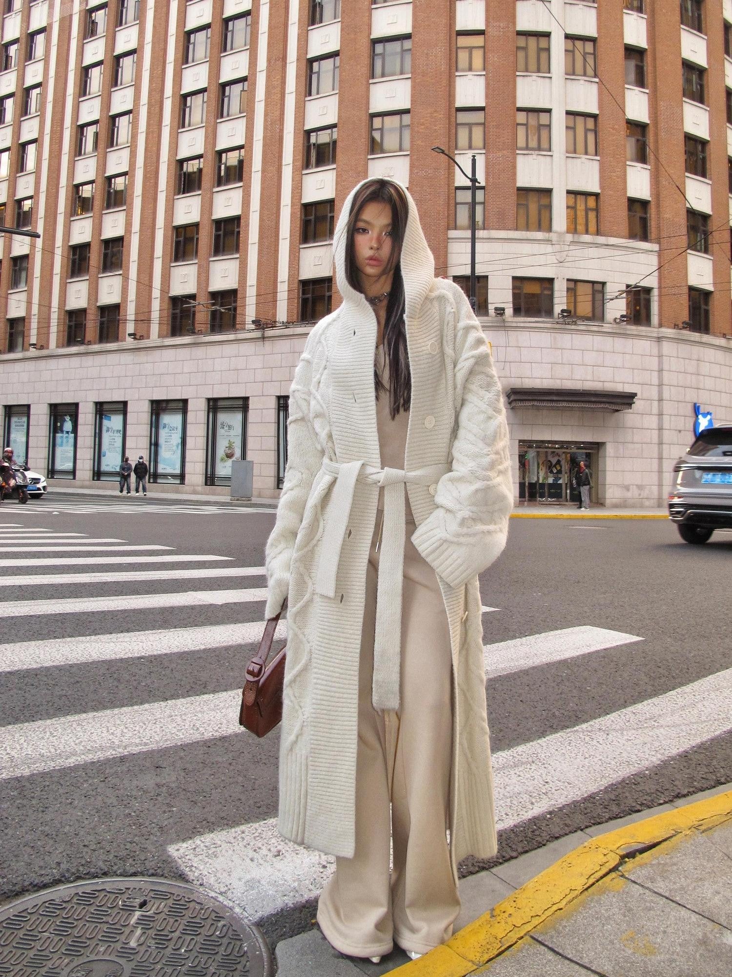BUM STUDIO Cream Thick Knit Hooded Oversized Midlength Women's Wool Blend Wool Coats