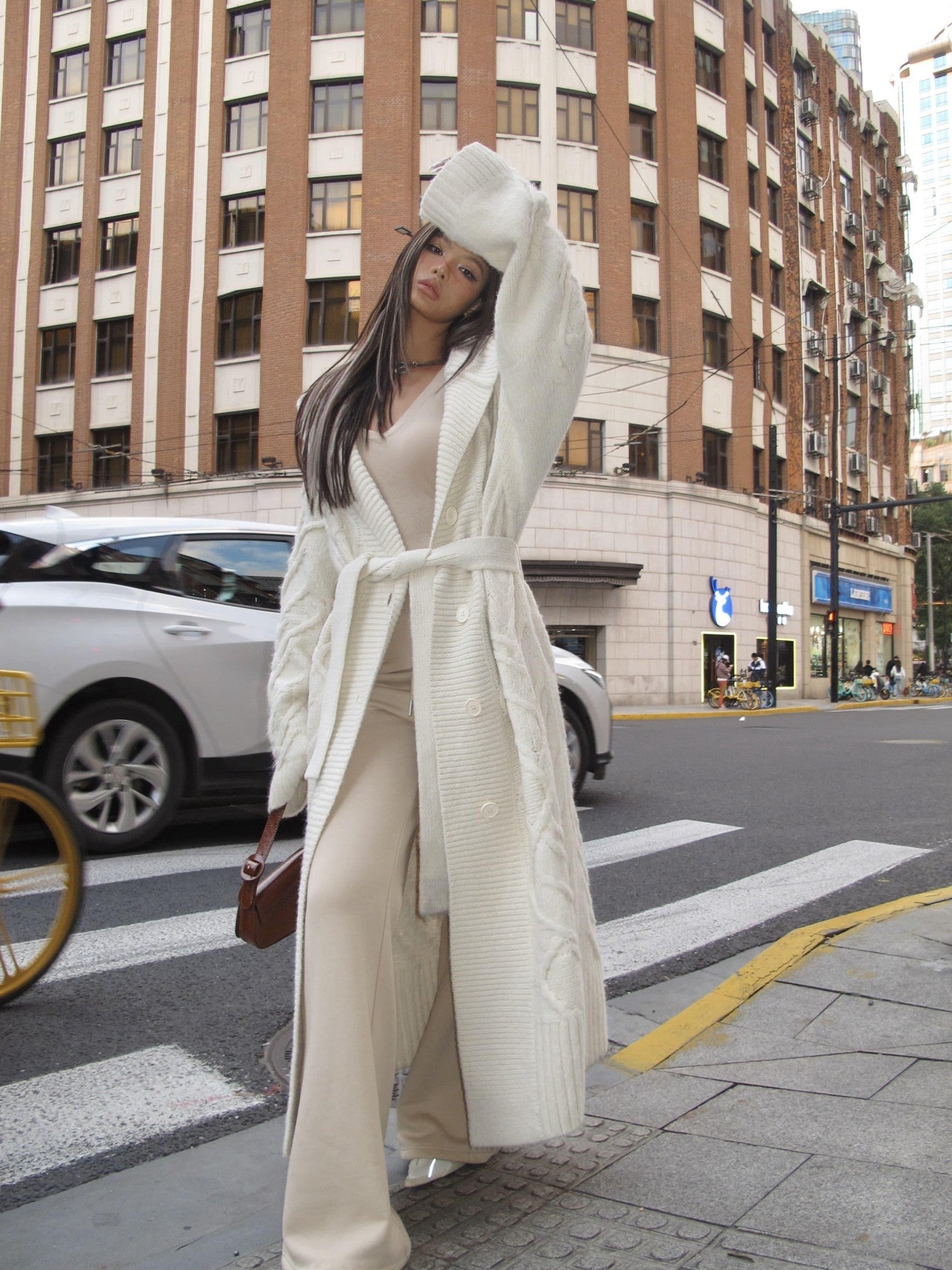 BUM STUDIO Cream Thick Knit Hooded Oversized Midlength Women's Wool Blend Wool Coats