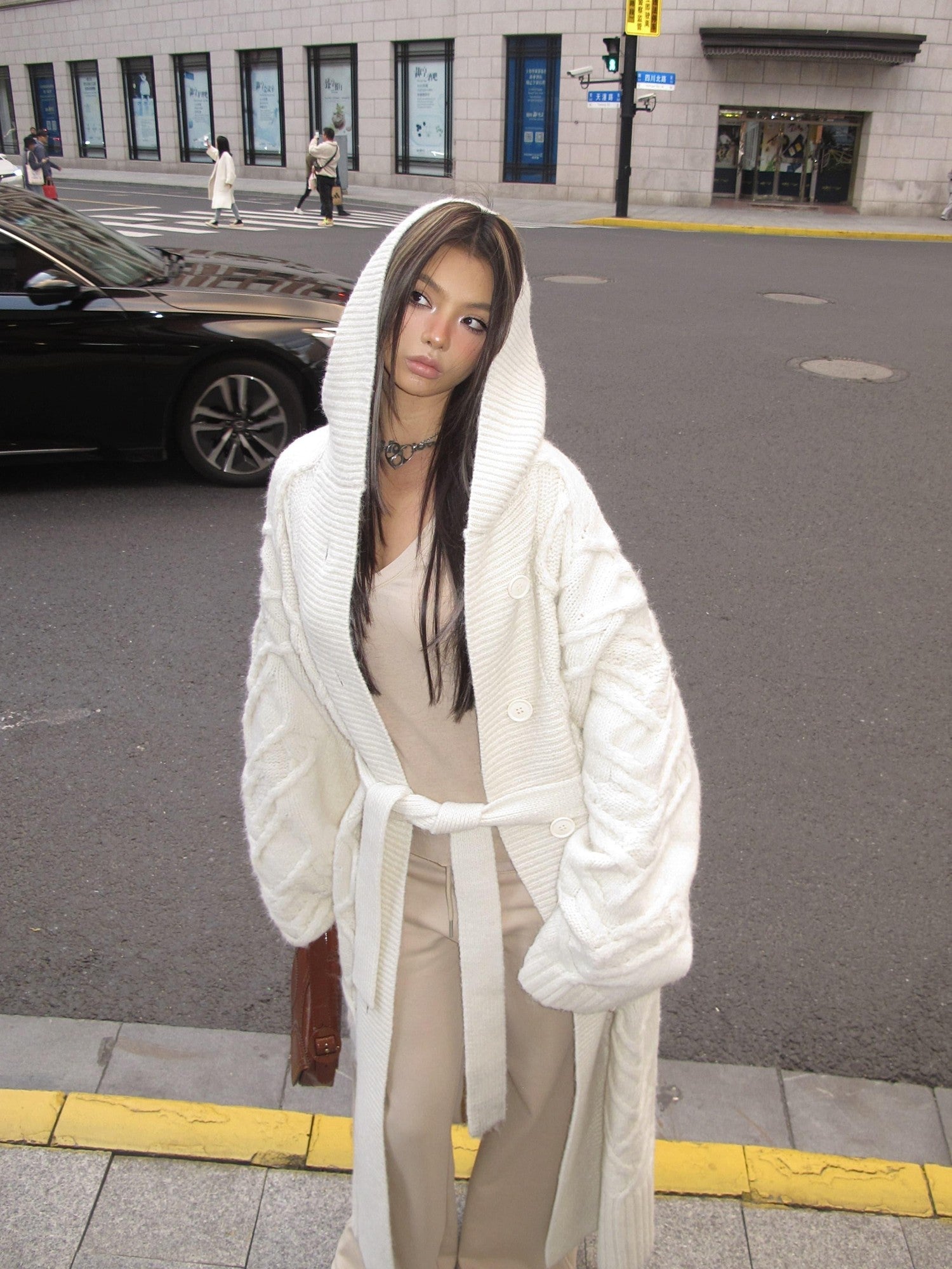 BUM STUDIO Cream Thick Knit Hooded Oversized Midlength Women's Wool Blend Wool Coats