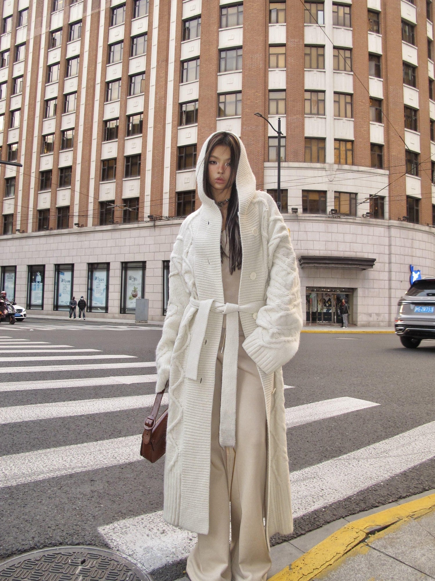BUM STUDIO Cream Thick Knit Hooded Oversized Midlength Women's Wool Blend Wool Coats