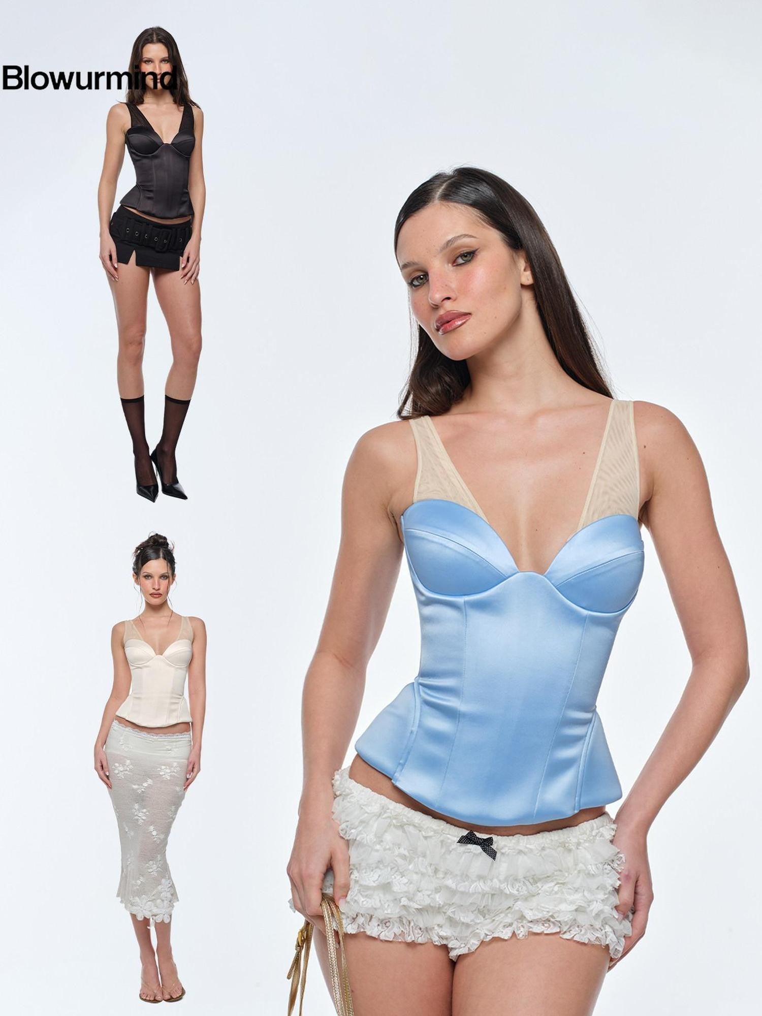 BUM STUDIO Curve Contour Spliced Folded Boned Adjustable Women's Satin Mesh Bandeau Tops