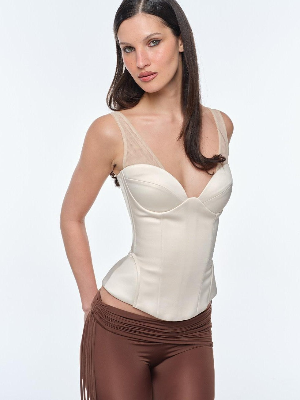 BUM STUDIO Curve Contour Spliced Folded Boned Adjustable Women's Satin Mesh Bandeau Tops
