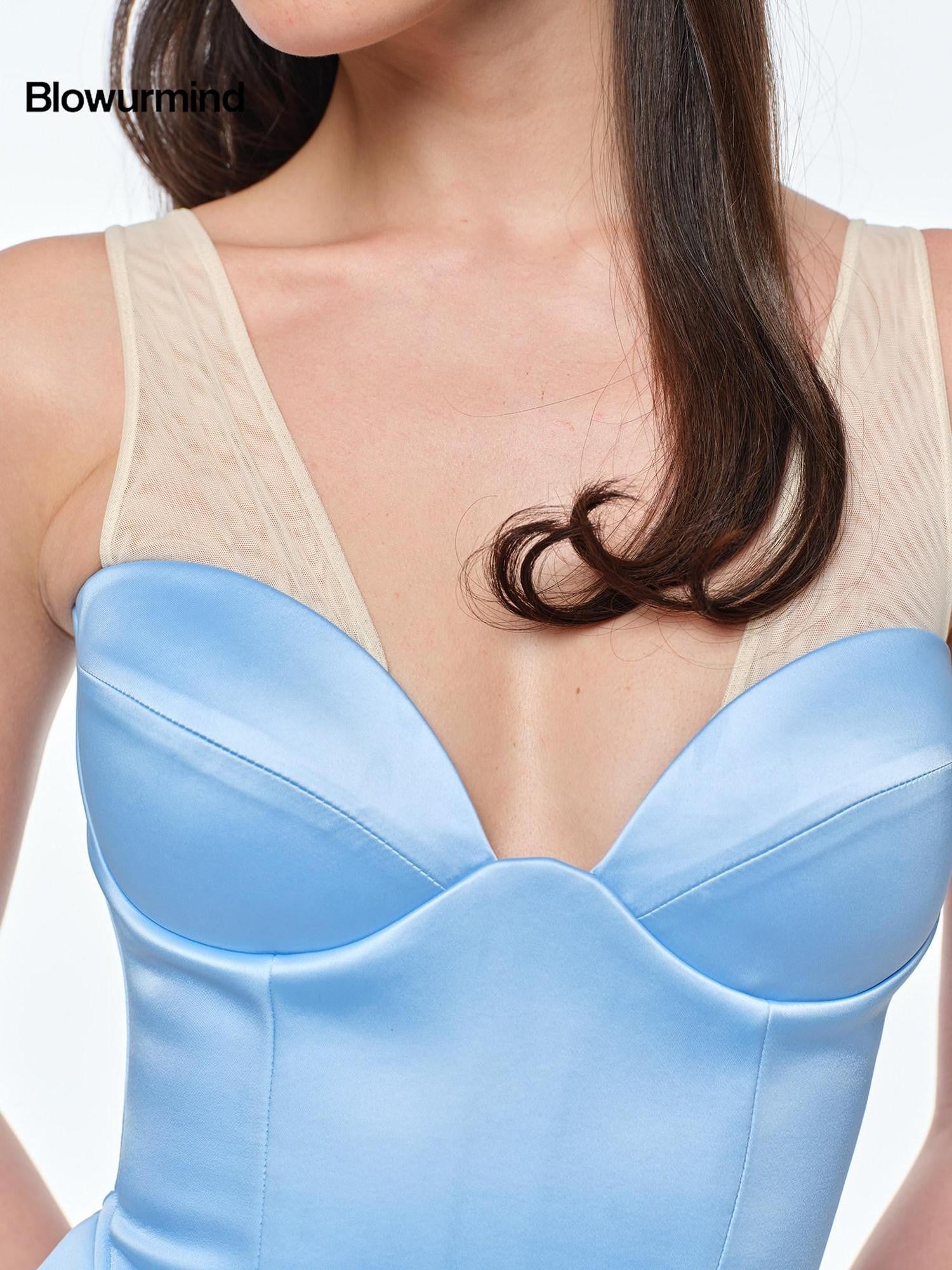 BUM STUDIO Curve Contour Spliced Folded Boned Adjustable Women's Satin Mesh Bandeau Tops
