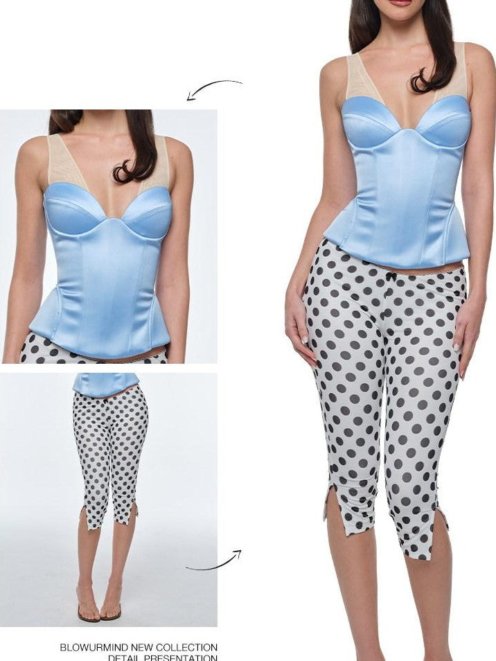 BUM STUDIO Curve Contour Spliced Folded Boned Adjustable Women's Satin Mesh Bandeau Tops