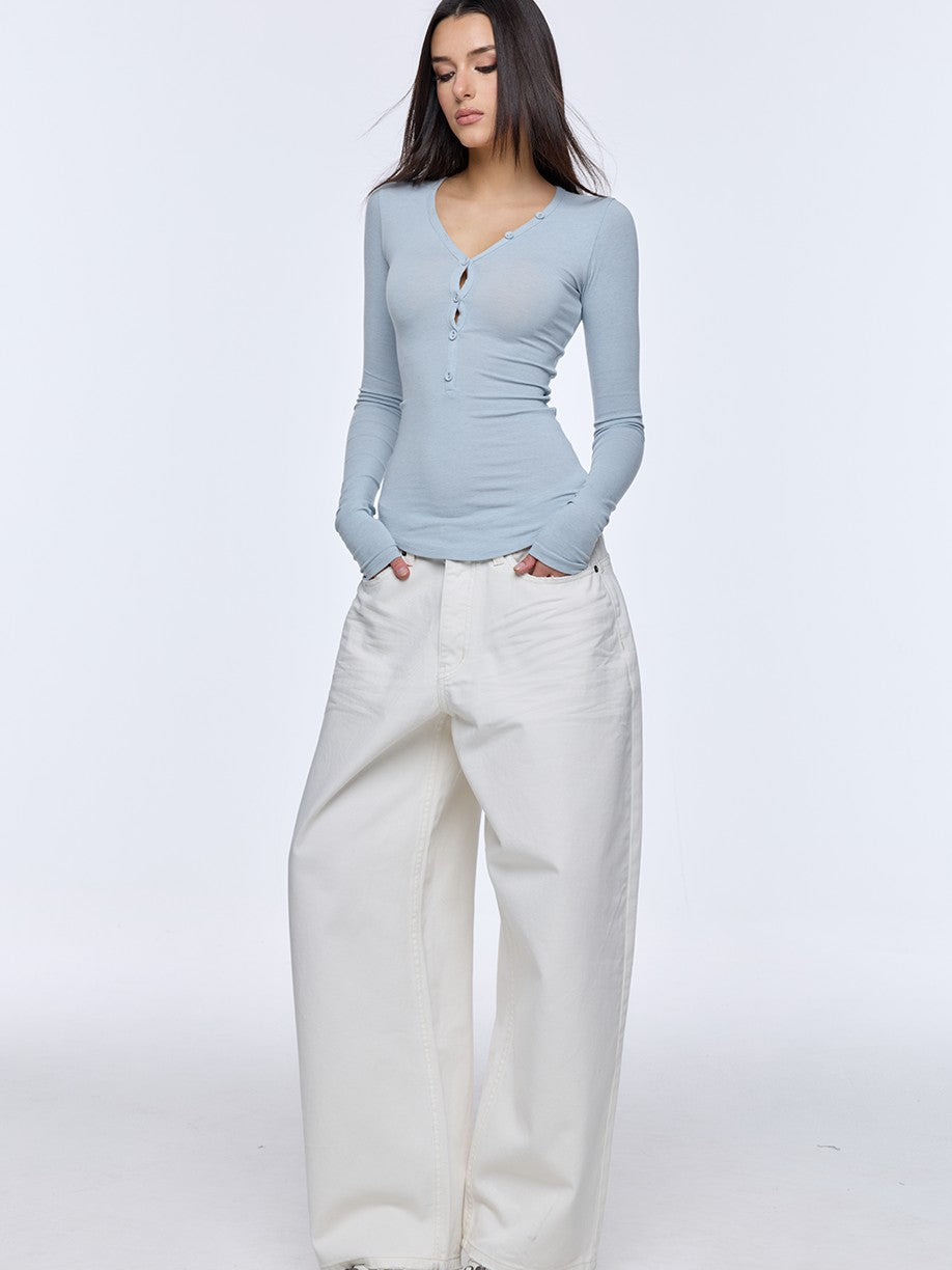 BUM STUDIO Curve Defining Slim Fit Sheer V-neck Women's Modal Wool Long Sleeve T-shirts