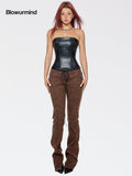 BUM STUDIO Curved Texture Patchwork Strapped Women's Suede Leather Pants