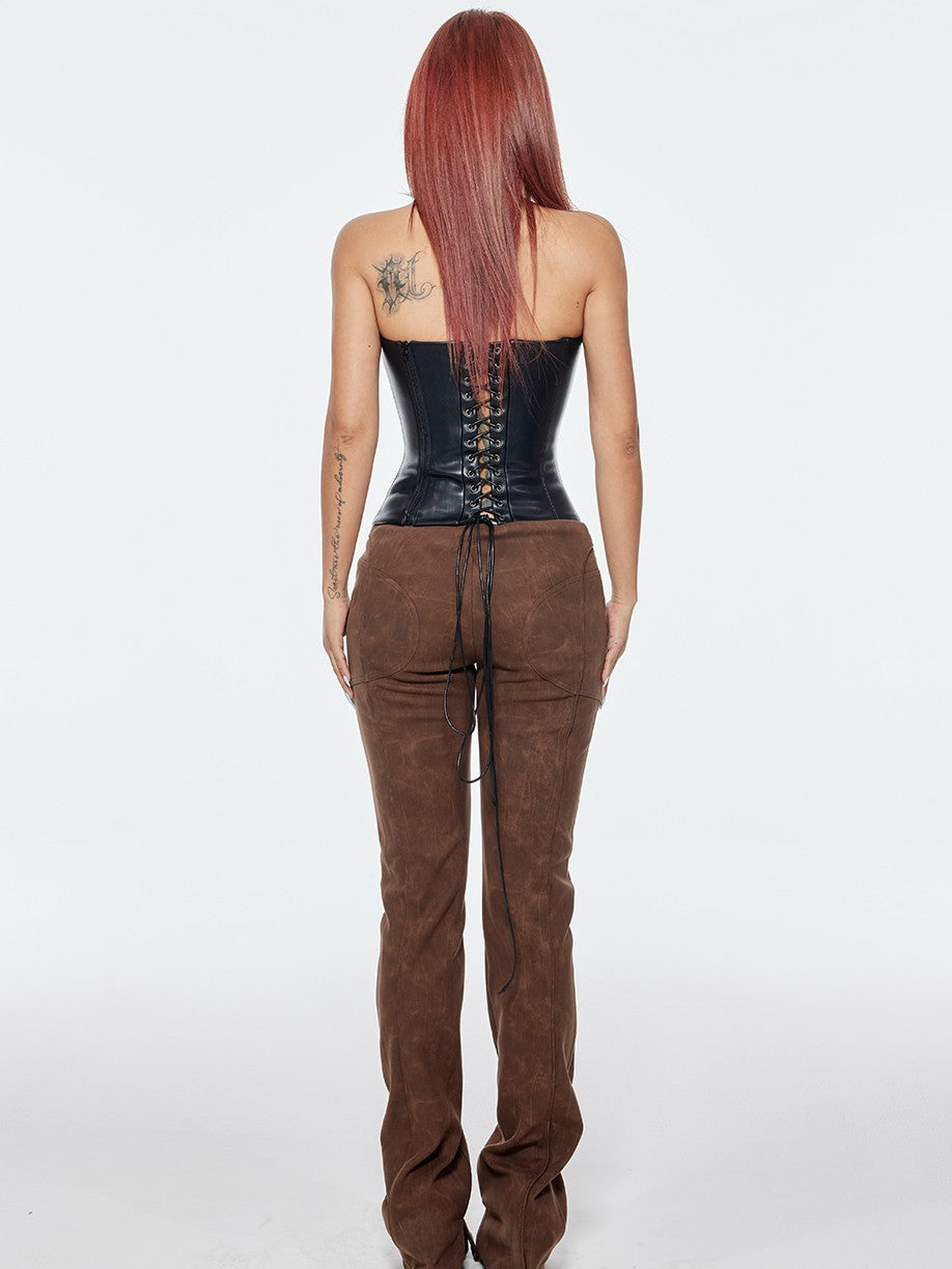 BUM STUDIO Curved Texture Patchwork Strapped Women's Suede Leather Pants