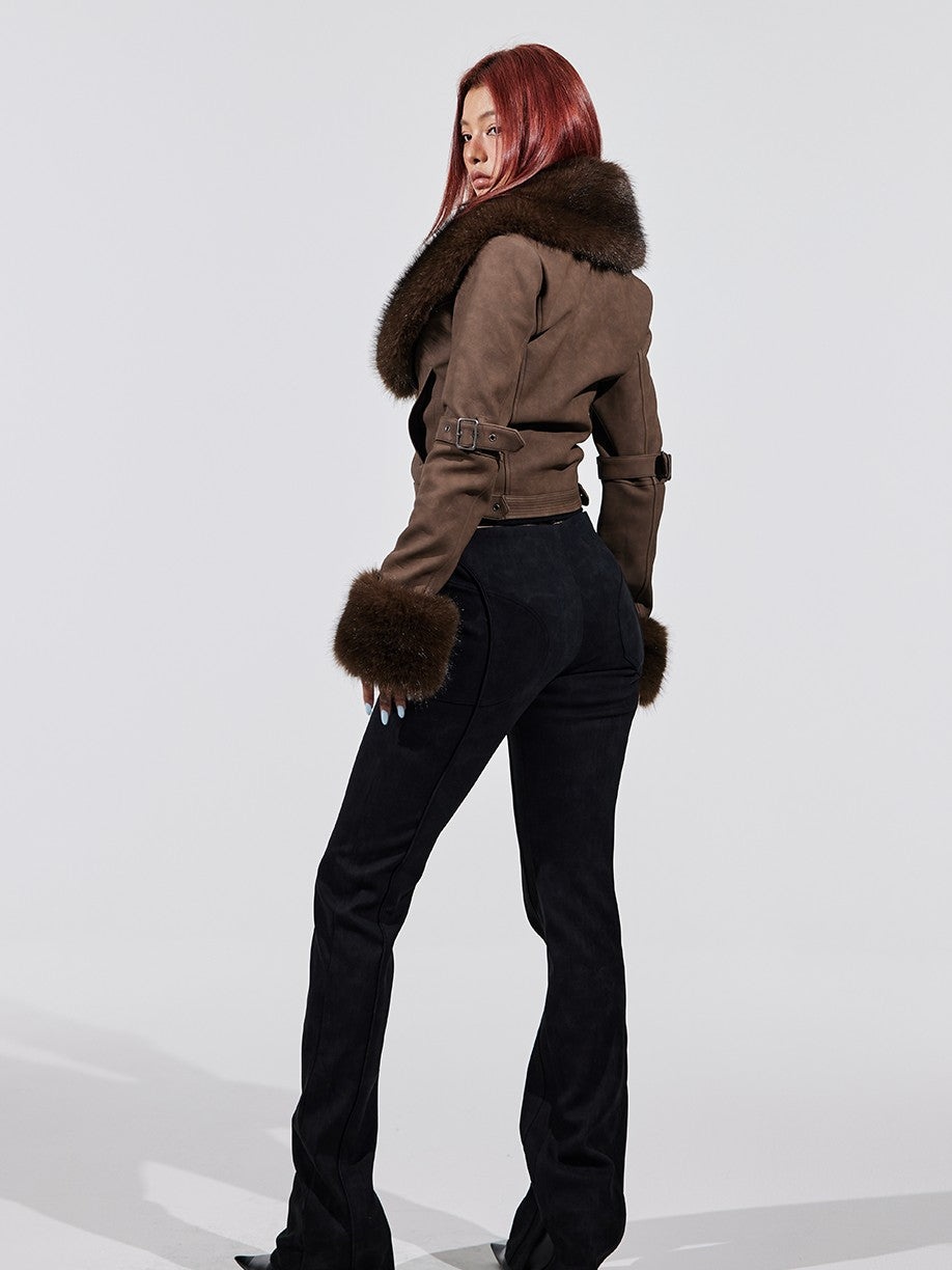 BUM STUDIO Curved Texture Patchwork Strapped Women's Suede Leather Pants
