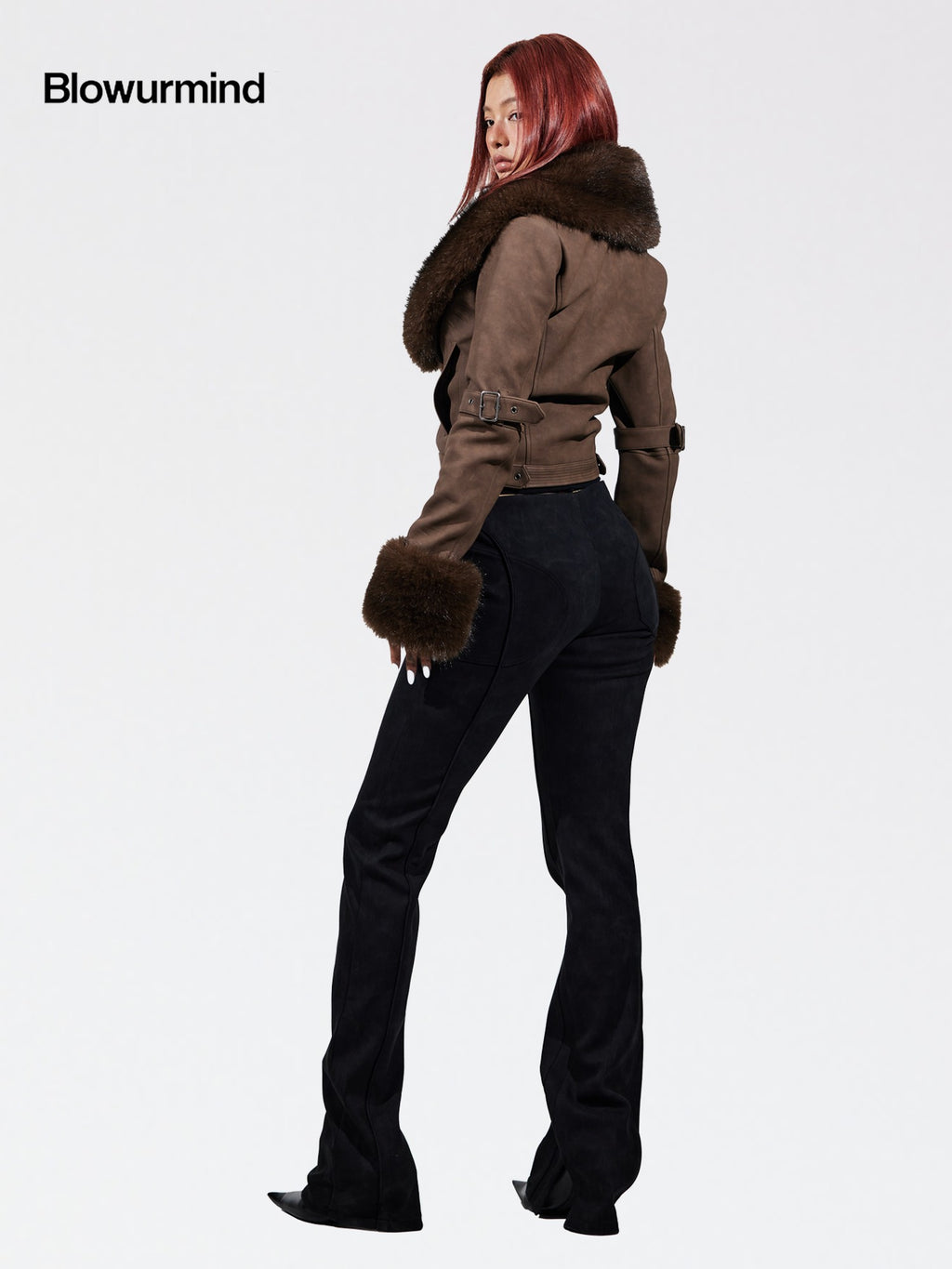 BUM STUDIO Curved Texture Patchwork Strapped Women's Suede Leather Pants