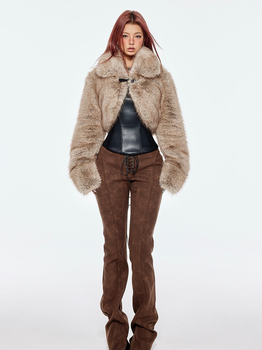 BUM STUDIO Curved Texture Patchwork Strapped Women's Suede Leather Pants