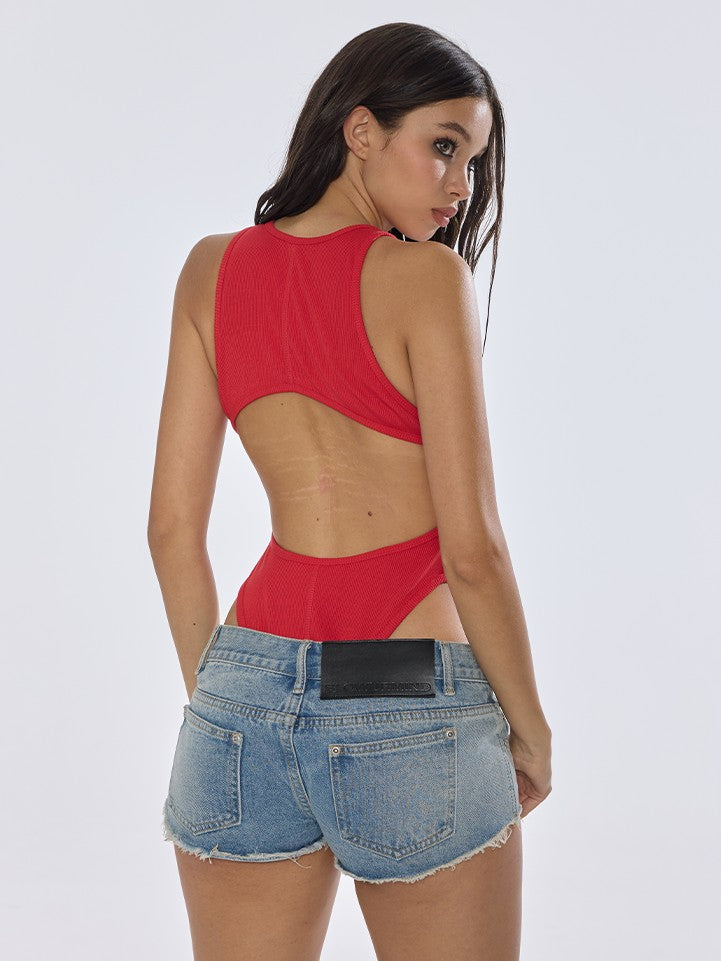 BUM STUDIO Cutout Metal Logo Low Rise Ultra Short Women's Stretch Denim Shorts